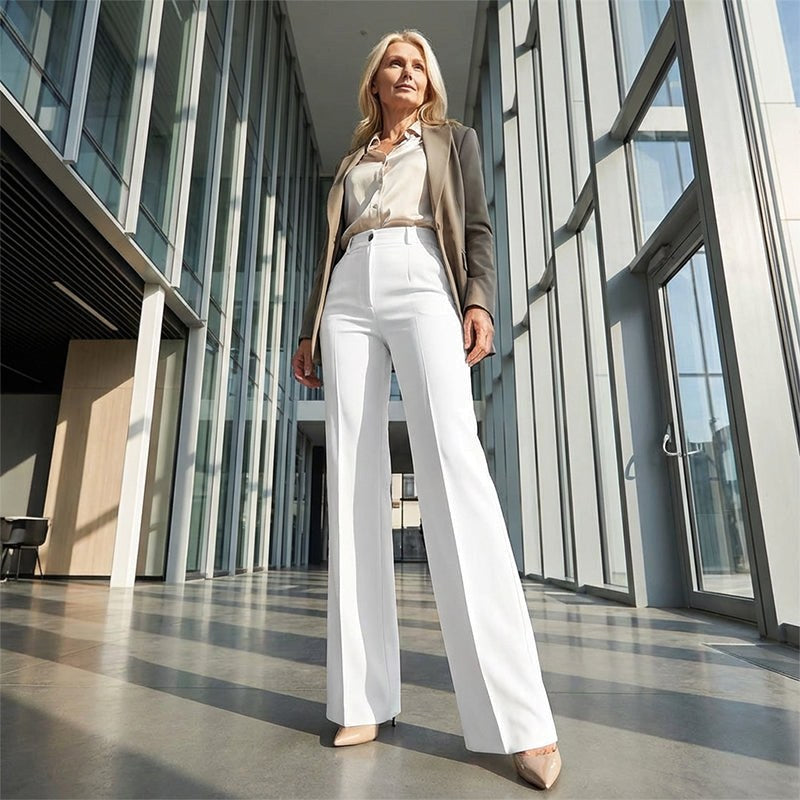Antonina | Damskie szerokie spodnie z wysokim stanem, eleganckie dopasowane spodnie | Erwnn | Biały