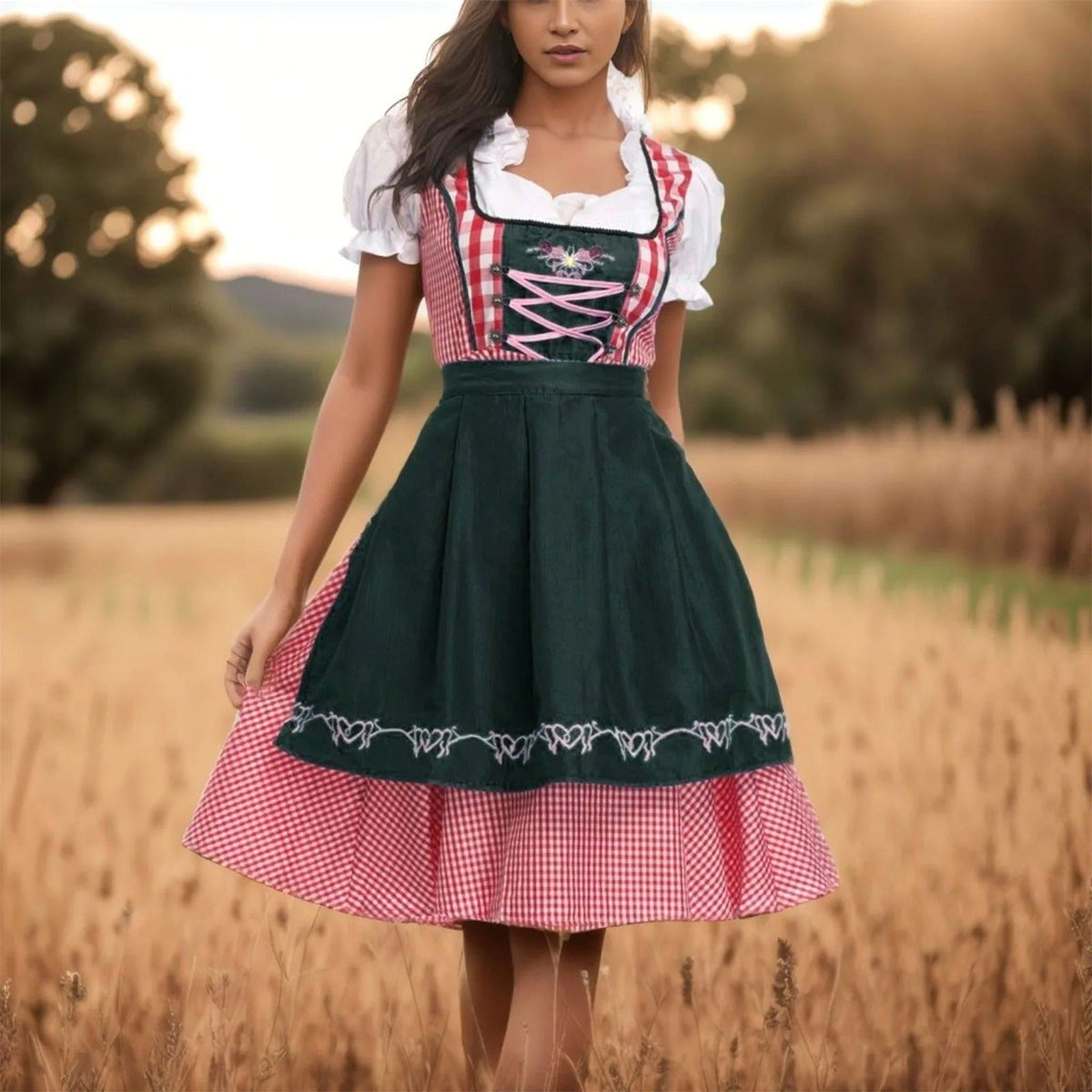 Żofia | Damski dirndl w kratę z krótkimi, bufiastymi rękawami, bawarska sukienka | Erwnn