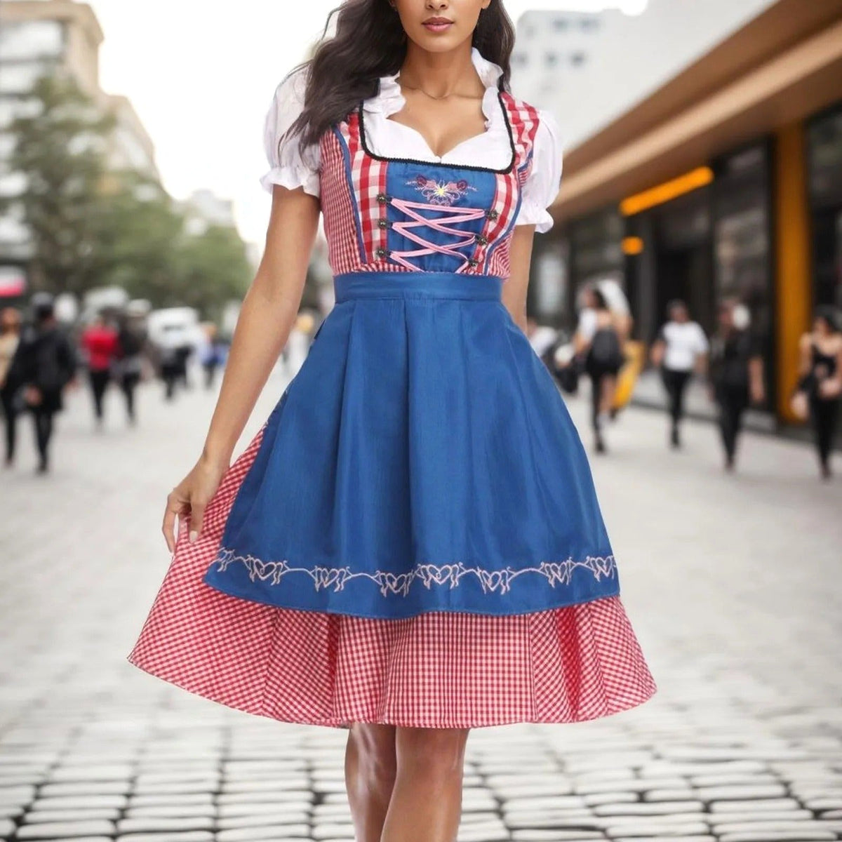 Żofia | Damski dirndl w kratę z krótkimi, bufiastymi rękawami, bawarska sukienka | Erwnn