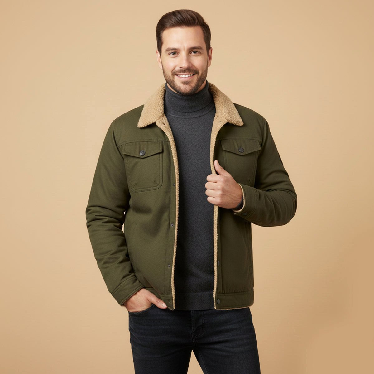 Beckett | Męski płaszcz, z polarową podszewką, ciepły model | Erwnn | Khaki