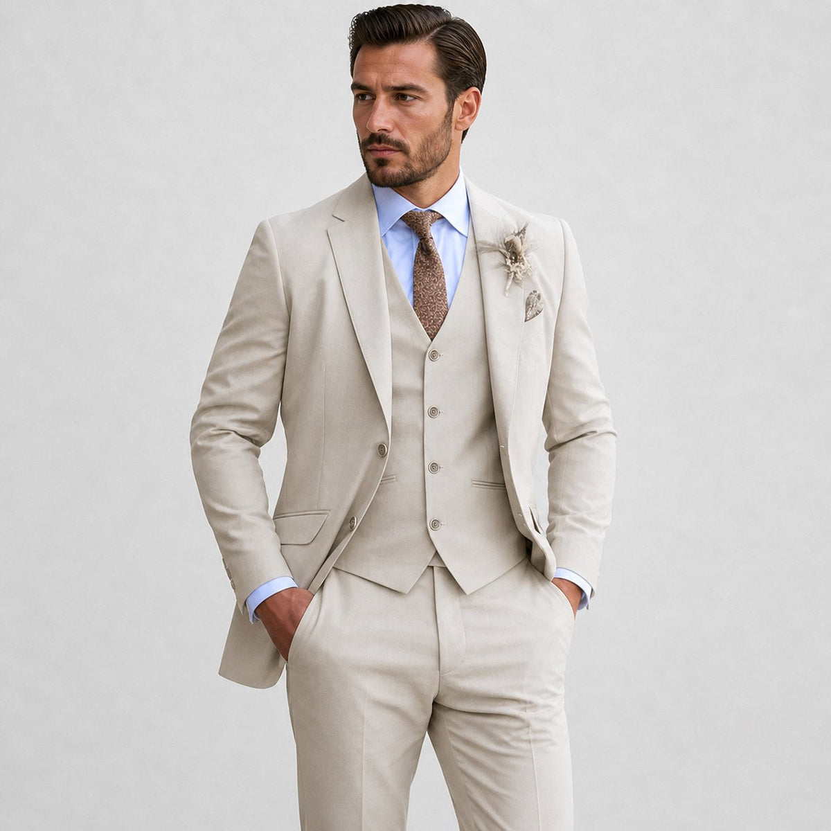 Callum | Męski lniany garnitur trzyczęściowy z kamizelką, dopasowany garnitur z marynarką | Erwnn | Beżowy