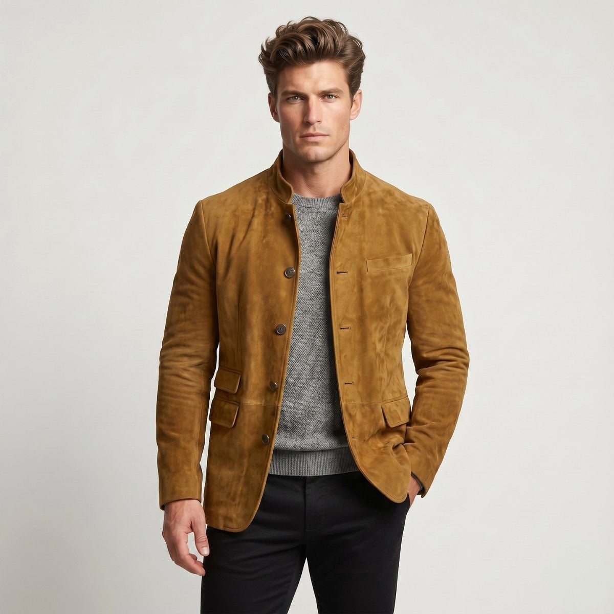 Clayton | Męska marynarka, wykończenie w stylu skóry, wykończenie w stylu zamszu | Erwnn | Khaki