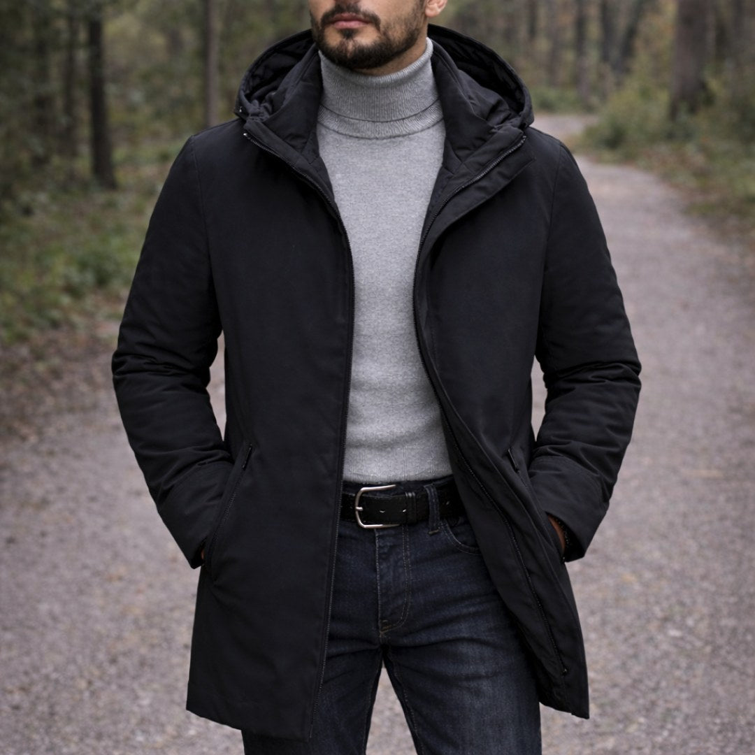 Cody | Męski płaszcz, z kapturem, na sezon przejściowy | Erwnn | Czarny