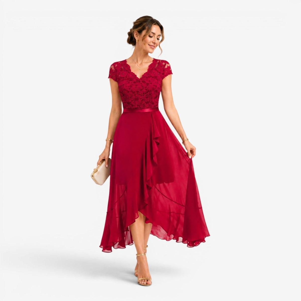 Noemi | Koronkowa sukienka midi dla kobiet, elegancka sukienka w kolorze burgundowym z dekoltem w serek | Erwnn