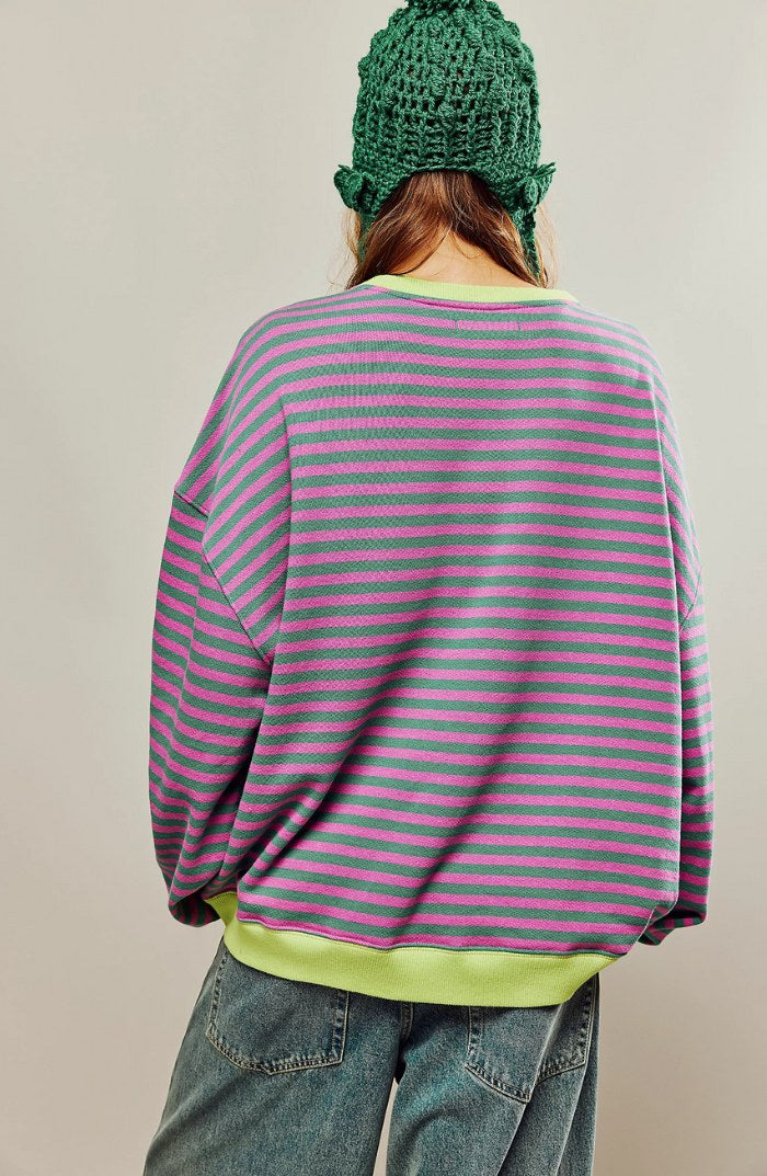 Darcy | Damski pasiasty sweter o luźnym kroju, swobodnie skrojony sweter z dzianiny | Erwnn | Zielony