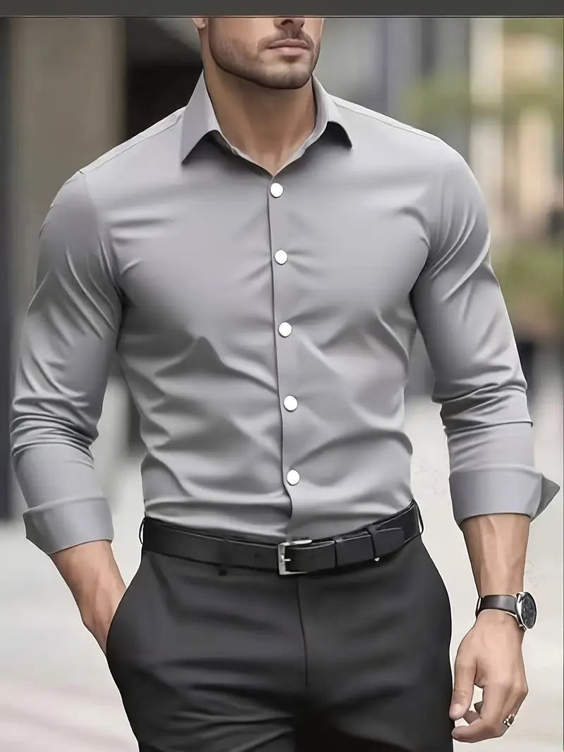 Edward | Męska koszula z długim rękawem, przewiewna, elegancka koszula o wąskim kroju | Erwnn | Biały