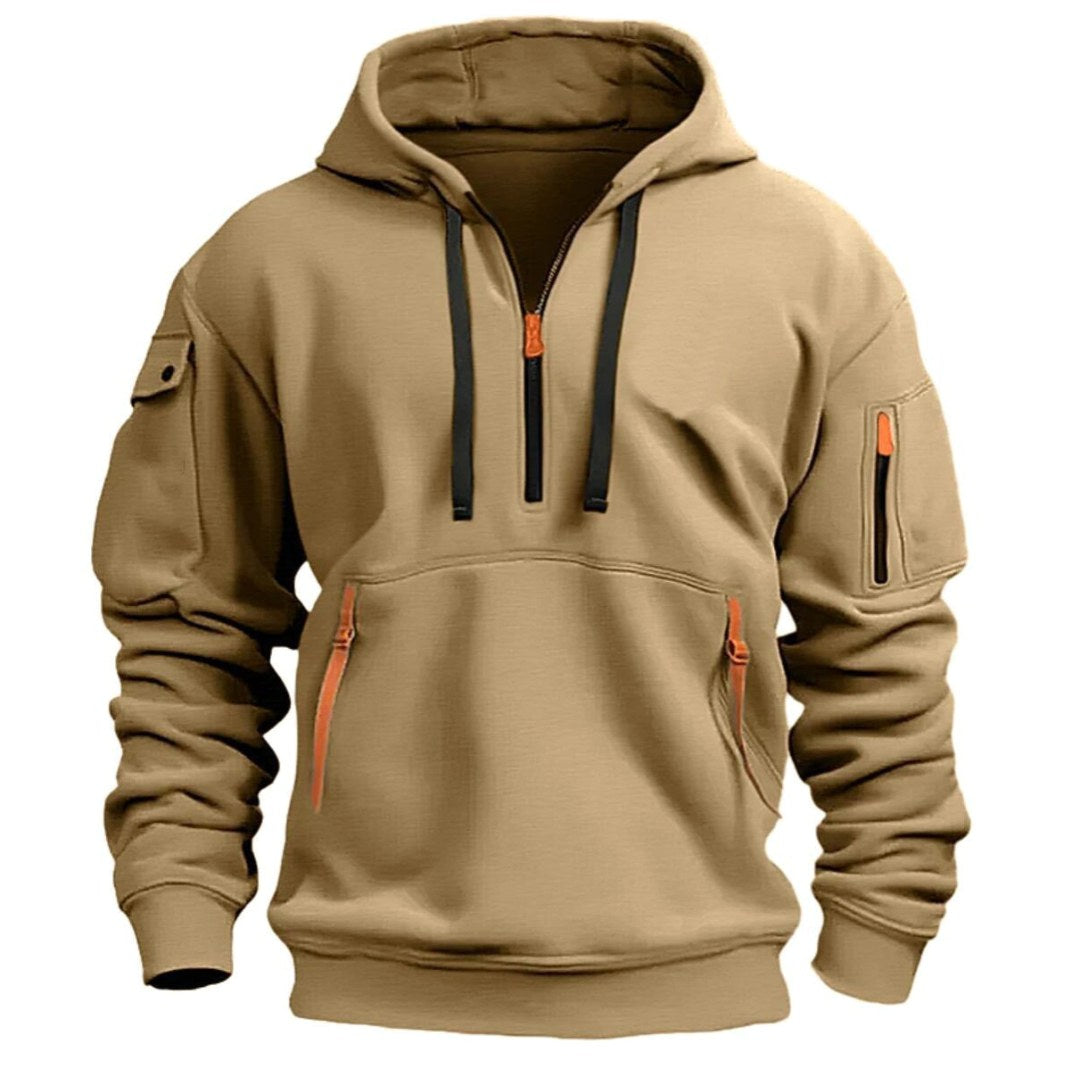 Gareth | Męska bluza z kapturem z kieszeniami na zamek, luźna bluza dresowa | Erwnn | Ciemny niebieski