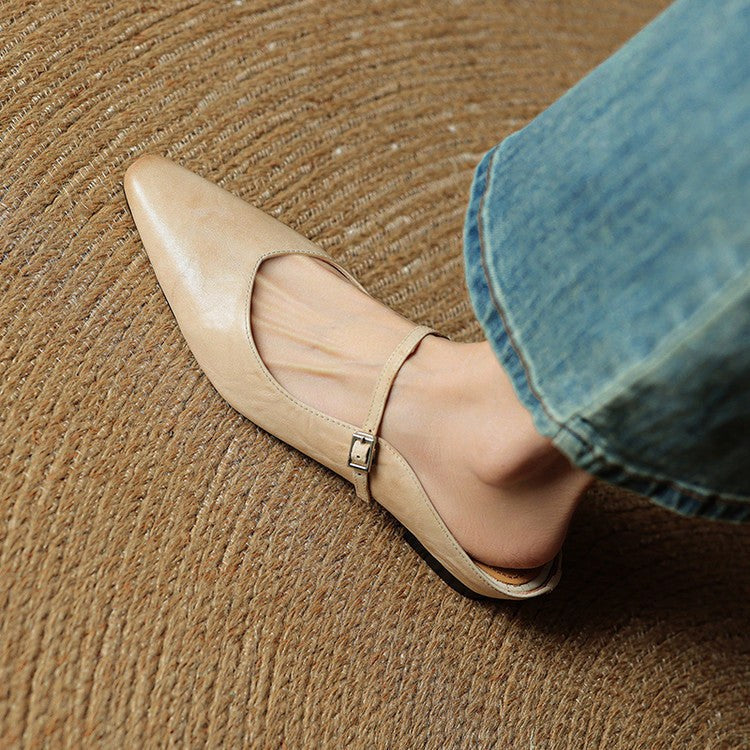 Holly | Damskie skórzane mule Mary Jane, wygodne buty ze szpiczastym noskiem | Erwnn | Beżowy