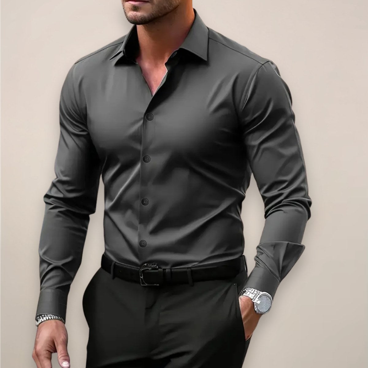James | Męska elegancka koszula z długim rękawem, dopasowana koszula biznesowa | Erwnn | Ciemny szary
