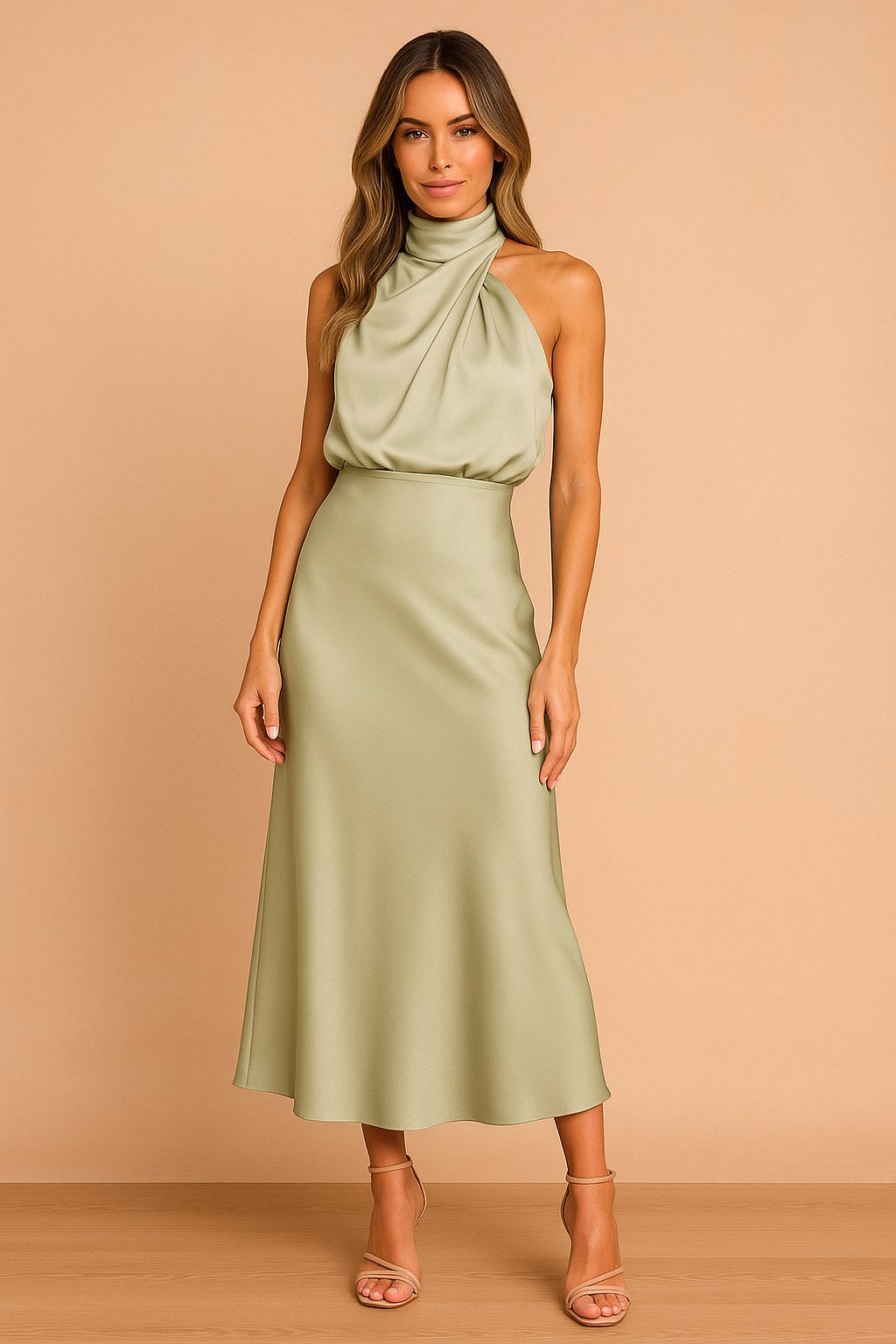 Lena | Damska sukienka midi z drapowanym dekoltem, elegancka sukienka na wyjątkowe okazje | Erwnn | Niebieski
