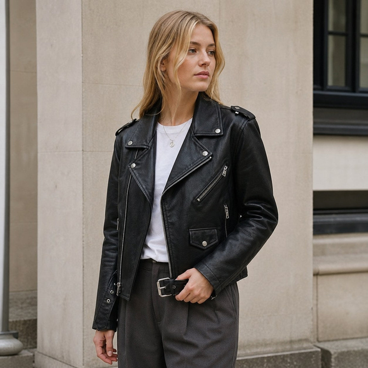 Mabel | Damska skórzana kurtka w stylu retro, dopasowana kurtka z zamkiem | Erwnn | Brązowy
