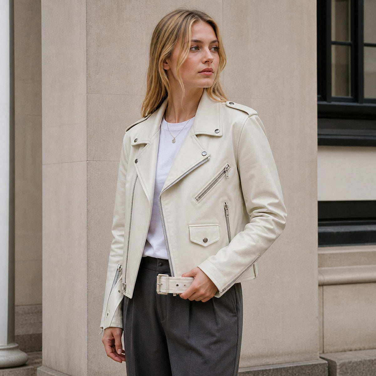 Mabel | Damska skórzana kurtka w stylu retro, dopasowana kurtka z zamkiem | Erwnn | Brązowy