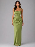 Nora | Damska satynowa sukienka maxi z marszczoną talią, modelowana sukienka wieczorowa | Erwnn | Zielony