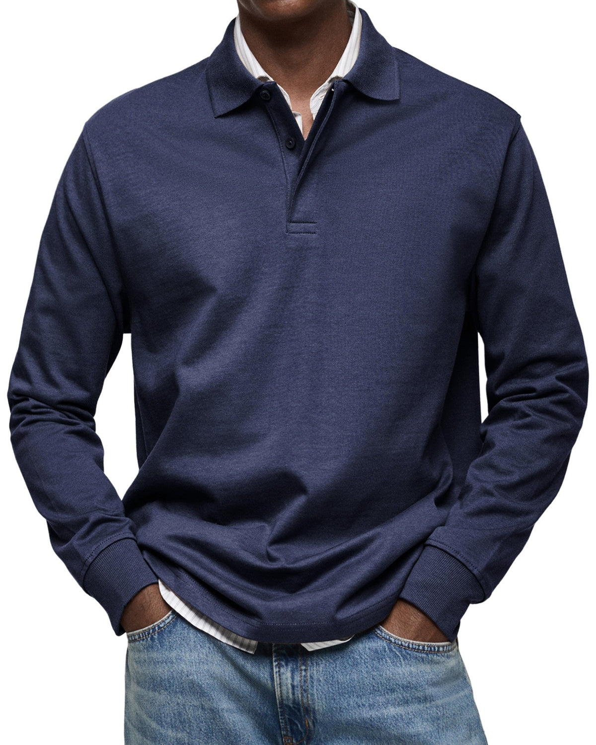 Percy | Męska koszulka polo z długim rękawem, elegancko dopasowane polo | Erwnn | Niebieski