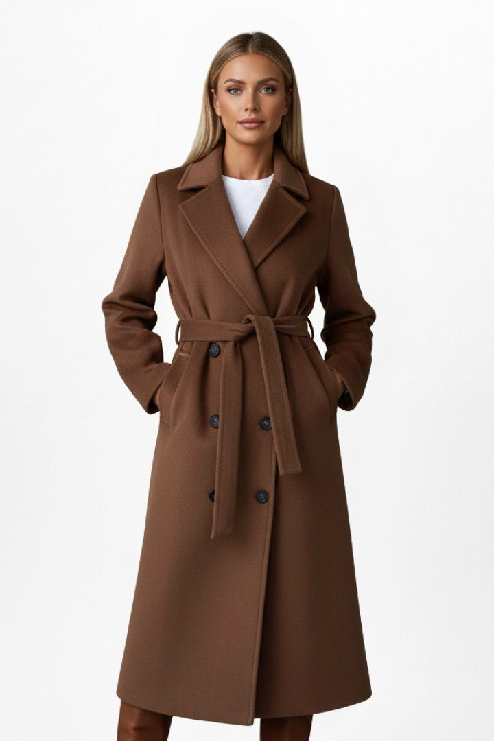 Roseline | Damski długi płaszcz dwurzędowy, dopasowany płaszcz jesienny | Erwnn | Czekoladowy