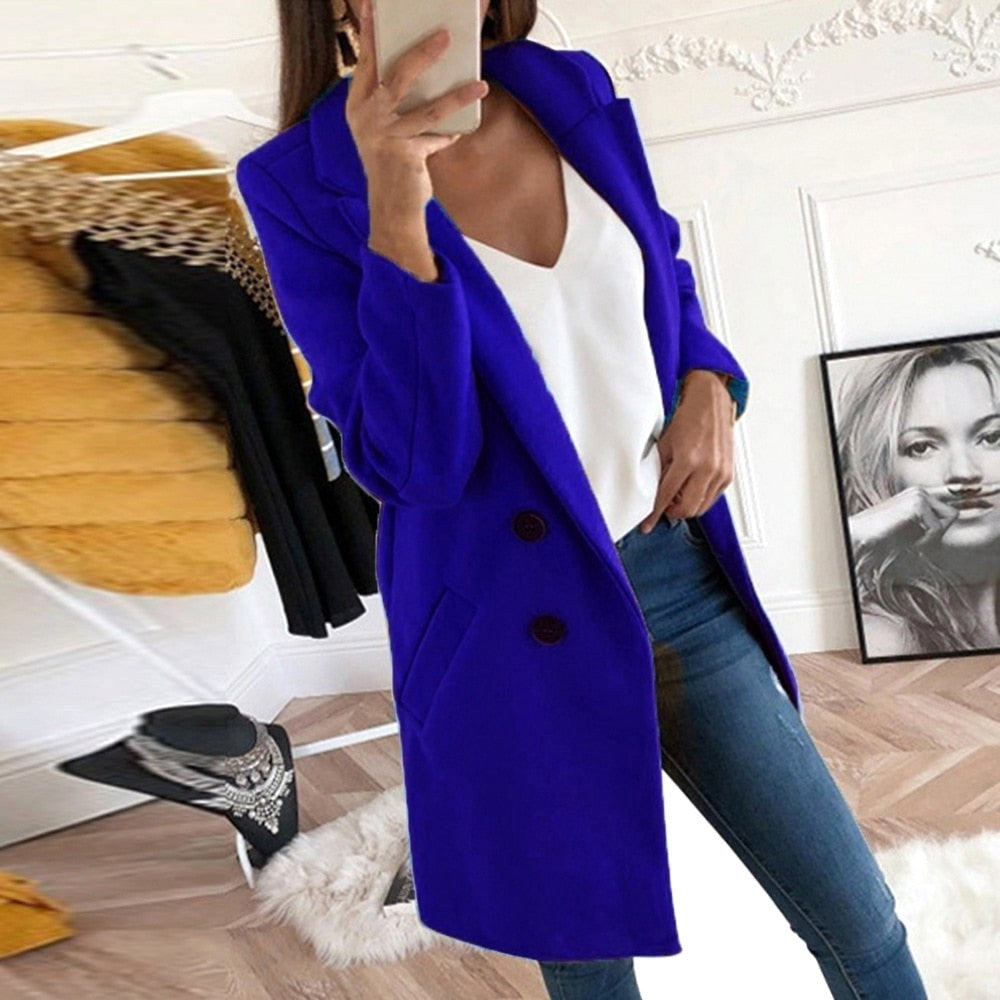 Violet | Damski długi płaszcz na guziki, elegancki płaszcz taliowany | Erwnn | Żółty