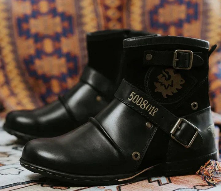 Wolfgang | Męskie skórzane buty w stylu biker, klasyczne buty motocyklowe | Erwnn